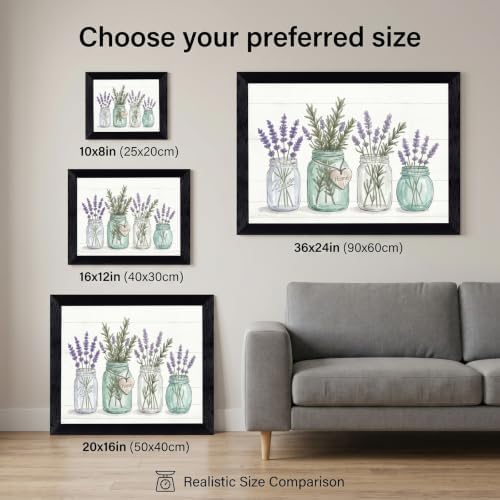 Framed Canvas Wall Art Watercolor Mason Jar Herb Bouquet Seafoam Lavender Rosemary Greenery Canvas Print Poster Black Frame Wall Decor for Kitchen Dining Room Farmhouse Decor, Rustic Gift - Inch 12x16 - Image 3