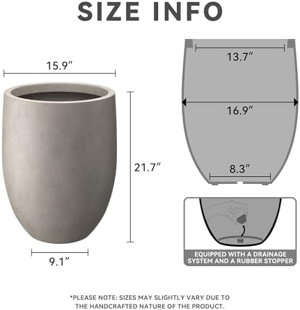 Kante 21.7" H Stone Gray Concrete Tall Planter, Large Decorative Garden Pot with Drainage Hole and Rubber Plug for Outdoor Indoor Plants, Modern Round Style for Home and Garden - Image 2