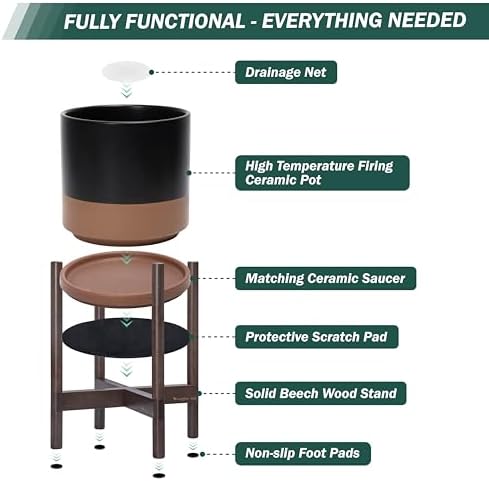 D'vine Dev Ceramic Pot with Walnut Wood Stand, Black/Tan, 12 in, 55-B-W-7 - Image 5
