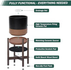 D'vine Dev Ceramic Pot with Walnut Wood Stand, Black/Tan, 10 in, 55-B-X-7 - Image 5