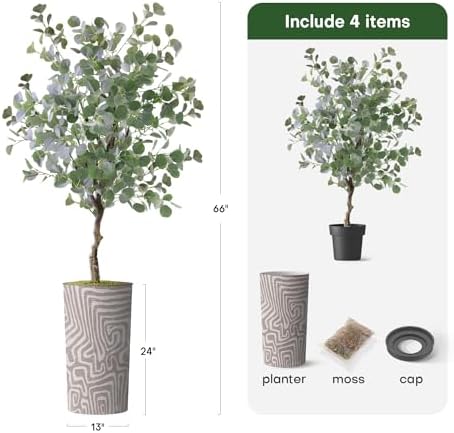 Artificial Tree in Geometric Pattern Planter, Fake Eucalyptus Silk Tree for Indoor and Outdoor Home Decoration - 66" Overall Tall (Plant Pot Plus Tree) - Image 3