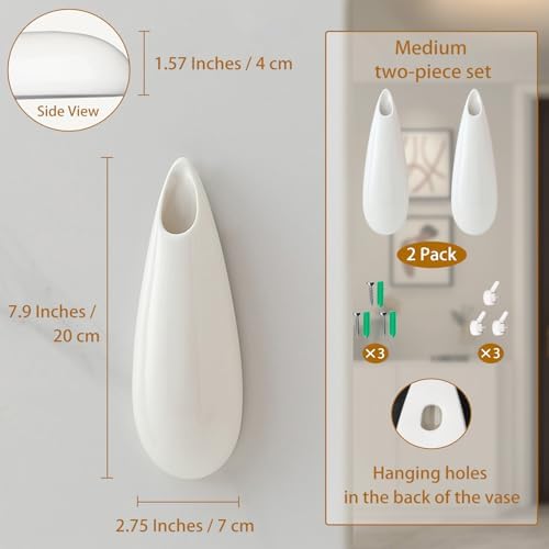 White Ceramic Wall Vases, Set of 2, 7.9 Inch, Teardrop Design - Image 2