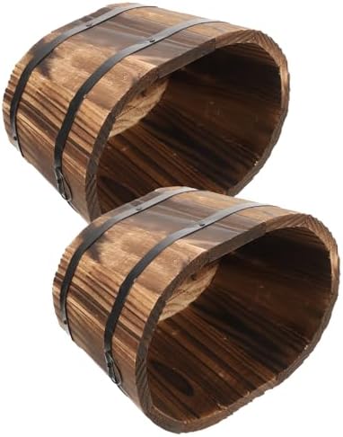 Ciieeo 2pcs Carbonized Wood Planter Box Rustic Whiskey Barrel Flower Pots Oval Medium Size Outdoor Garden Balcony Succulent Planters Resistant to Decay by Ciieeo