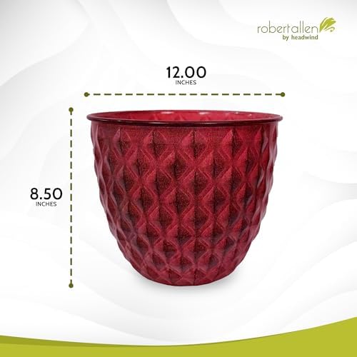 Headwind Glazed Ironstone Diamonte Collection – Crimson Red 12-Inch Decorative Plant Pot, Indoor & Outdoor, Vintage Diamond-Textured, Lightweight & Weather-Resistant for Garden Use by Robert Allen - Image 2