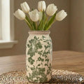 Vintage Green Floral Ceramic Vase, 8 Inch Crackle Glaze Rustic Handmade Vase, Decorative Pottery for Fresh or Dried Flowers, Farmhouse Cottage Modern Rustic Decor by SincereLuxe