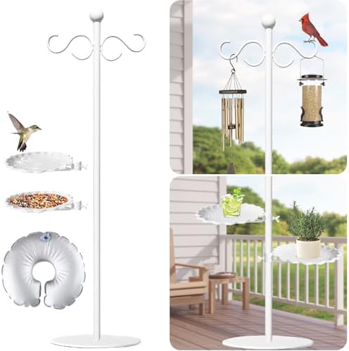 Upgraded 74" Shepherd's Hook for Bird Feeder，White Floor Hanging Plant，White Wind Chime Stand, Waterproof Metal & Adjustable-Height Standing Pole Holder for Wreath, Indoor & Outdoor（2 Placement Racks) by vorriop
