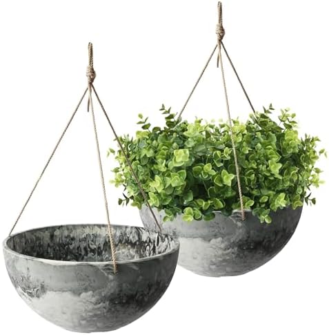 Algreen Acerra Hanging Planter Basket Set, Gray Marble, 2 Pack Indoor/Outdoor Hanging Plant Pots with Rope Hangers by Algreen