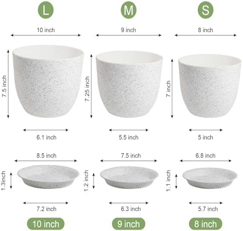 WSMKSZ 10/9/8 inch Medium Plant Pots, Set of 3 Modern Decorative Plastic Planters with Drainage Holes and Saucers for Garden House Plants, Flower Pots for Indoor Outdoor Plants, Speckled White - Image 3