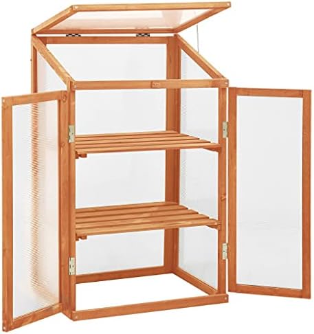 Solid Firwood Garden Portable Greenhouse, Wooden Greenhouse Raised Flower Planter with 2 Shelves and Open Bottom, Garden Portable Mini Greenhouse Cabinet 23.6" x 17.7" x 39.4"/Brown - Image 2