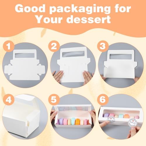 100 Pack White Macaron Boxes with Clear Window, Pastry Boxes with 100 Pcs Stickers, Packaging for 6-10 Macarons, Cookies, Truffles, Wedding DIY Gift Giving, 8x3x2 Inches - Image 3