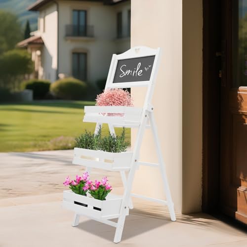 Wooden Plant Stand with Chalkboard, 3-Tier Solid Wood Plant Stand, Fir Wood Ladder Shelf for Indoor/Outdoor Plants, Succulents, 22lbs Load Capacity (White) - Image 6