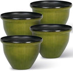 Worth Garden 12-Inch Dia. Round Green Plastic Planters with Drain Holes, 9.5-Inch Height - 4-Pack Glossy Finish Bell-Shaped Plant Pot – Lightweight Indoor/Outdoor Flower Pots by WORTH