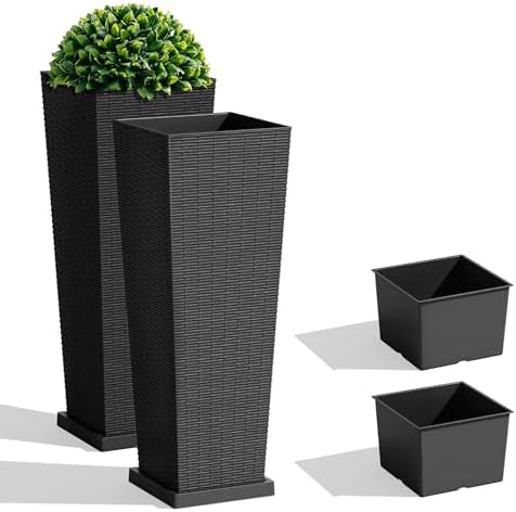 JUMMICO 32" Front Porch Resin Rattan Tall Planters 2 Pack, Inner&Outer Tray by JUMMICO