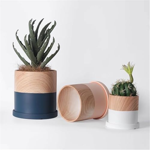 Planter Cylindrical Planter Pot, with Saucers Tray and Drainage Holes Ceramic Flower Pot, Blue with Woodgrain Small Planter, for Balcony Living Room Bedroom Flower Pots - Image 3