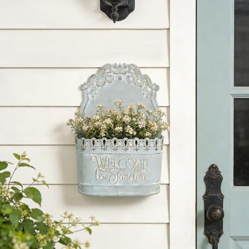 Metal Hanging Planters Wall Mount Planter Wall Vases for Flowers Shabby Chic Decor for Rustic Farmhouse Outdoor Decor Blue - Image 5