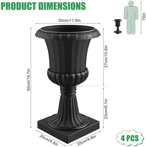 4-Pack Plastic Urn Planter 19.7" Tall Classic Flower Pot,Front Porch Planters with Pedestal for Garden, Patio, Front Porch, Entryway, Walkway, Wedding, Indoor Outdoor Decoration (Black - 4Pack) - Image 2
