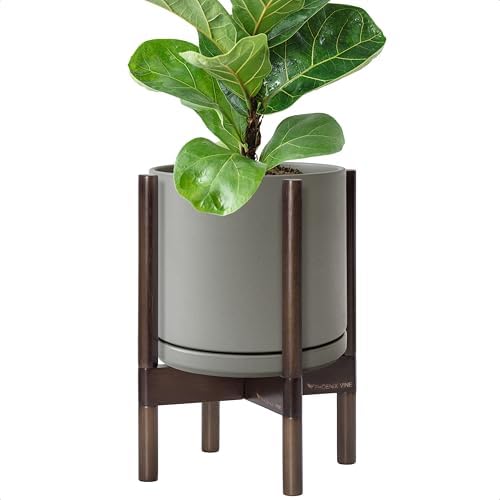 D'vine Dev Ceramic Pot with Walnut Wood Stand, Grey, 10 in, 55-B-X-3 by DvineDevPlanterPotsandStand