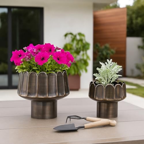 Scalloped Pedestal Plant Stand for Indoor and Outdoor - Metal Plant Pots with Drainage for Home Decor and Entryway - Flower Pots for Patio, Hallway, and Living Room - Set of 2, 11", 8", Gold - Image 3