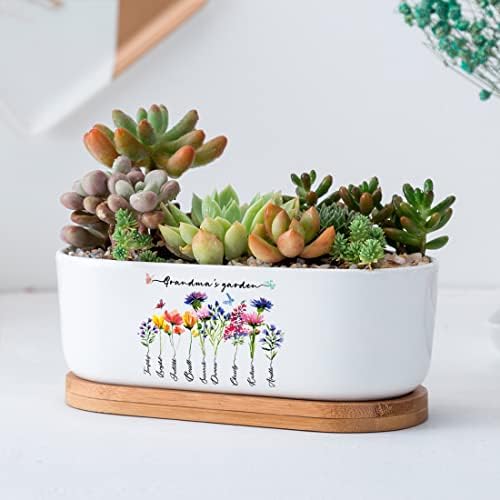 Personalized Birth Month Flower Plant Pot with Kids Names,Custom Grandma's Garden Ceramic Succulent Planter with Bamboo Tray Indoor Outdoor Home Decor Plants, for Mom Grandma,A2 - Image 3