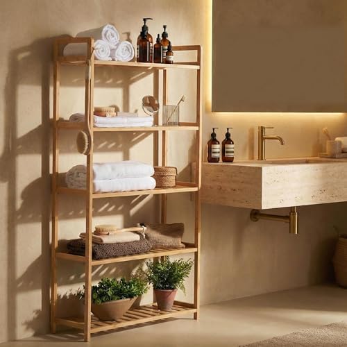 Bamboo Bathroom Shelf Organizer, 5 Tier Wooden Bathroom Rack with Adjustable Shelves, Free Standing Shelving Unit Open Bookcase Plant Shelf Indoor, 50" Storage Shelves for Kitchen Living Room - Image 2