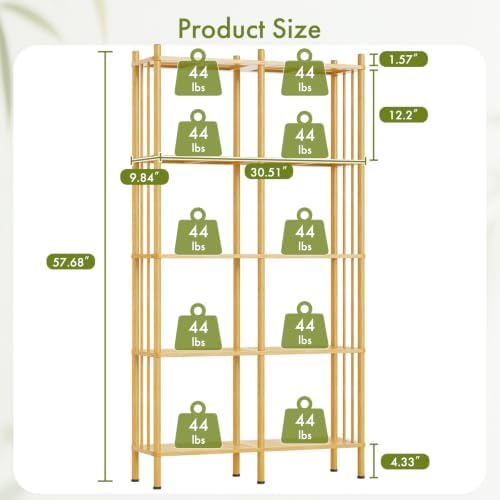 5 Tier Book Shelf, Tall Bamboo Bookcase, Wide Bookshelf with 10 Open Display Shelves Storage Organizer, Adjustable Bookshelves Standing Shelf Units for Bedroom, Living Room, Home Office - Image 2