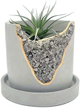 4 Inch Crystal Plant Pot with Saucer - Cement Geode Planter - Concrete Pots for Plants - Modern Succulent Pot Indoor - Unique Air Plant Holder - Candle Holder - Small Plant Home Decor (Smoky Quartz) by My+Urban+Crafts
