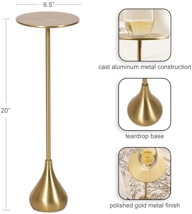 Kate and Laurel Hersi Decorative Modern Pedestal Drink Table; 7 x 7 x 20; Gold; Cast Aluminum Mini Table with Teardrop Base for Use as Small Plant Stand or Living Room Martini Table - Image 3