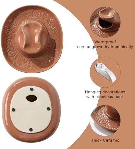 Hanging Wall Planters for Indoor Plants, Wall Vases for Flowers, Ceramic Cowboy Hat Vases for Decor, for Bathroom, Living Room, Office, and Home Decor. Brown - Image 3