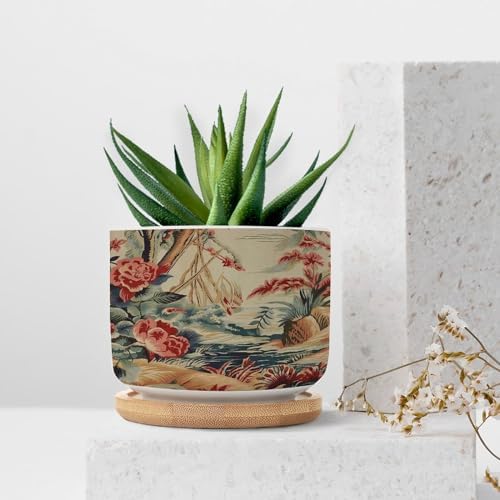 Antique Chinoiserie Ceramic Planters Coral Peony Chic Asian Pots for Plants with Drainage Holes and Saucers Pot for Home Office Desk Garden - Image 7
