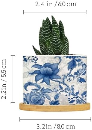 Blue and Indigo Floral Planters Ceramic Chinoiserie Chic Flower Round Plant Pots with Drainage Holes and Bamboo Tray Pot for Home Office Desk Garden - Image 2