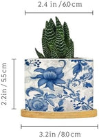 Blue and Indigo Floral Planters Ceramic Chinoiserie Chic Flower Round Plant Pots with Drainage Holes and Bamboo Tray Pot for Home Office Desk Garden - Image 2