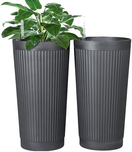 FENCY Self Watering Tall Planters Set of 2, Gray Round by FENCY