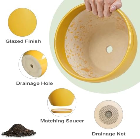 Ceramic Planters, Ceramic 10 Inch Pots for Plants Indoor, Yellow - Image 6