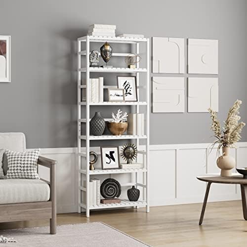 Bamjoy Bamboo Shelf, 6 Tier Bookcase Storage Shelves, Tall Book Rack Shelving Unit, Multipurpose Storage Display Shelf Adjustable Storage Rack for Bathroom Home Office Living Room Kitchen, White - Image 2
