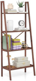 Giantex 4-Tier Bamboo Bookshelf, Indoor Free Standing Plant Stand Display Rack w/Anti-Tipping Device, Corner Bamboo Ladder Shelf for Small Space, Living Room, Kitchen, Bedroom, Office, Walnut by Giantex