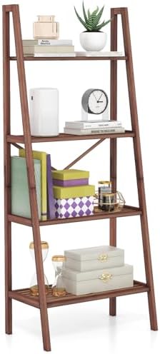 Giantex 4-Tier Bamboo Bookshelf, Indoor Free Standing Plant Stand Display Rack w/Anti-Tipping Device, Corner Bamboo Ladder Shelf for Small Space, Living Room, Kitchen, Bedroom, Office, Walnut by Giantex