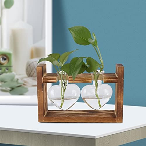 Plant Terrarium with Wooden Stand,Heart Shaped Transparent Glass Vase Flower Pot Hydroponics Plant Propagation Station for Hydroponics Plants Home Office Decor (Retro Box + 2 - Image 2