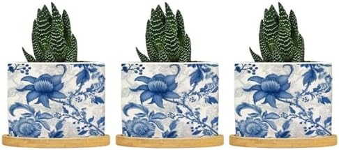Blue and Indigo Floral Planters Ceramic Chinoiserie Chic Flower Round Plant Pots with Drainage Holes and Bamboo Tray Pot for Home Office Desk Garden by BRUYU5SE