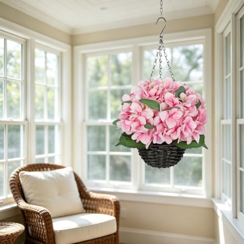 Hollyone Pink Hydrangea Artificial Hanging Flowers with Basket for Outdoor, UV Resistant Large Faux Hanging Flowers Plants in Pot for Garden Yard Balcony Porch Home Indoor Outdoor Decor - Image 4