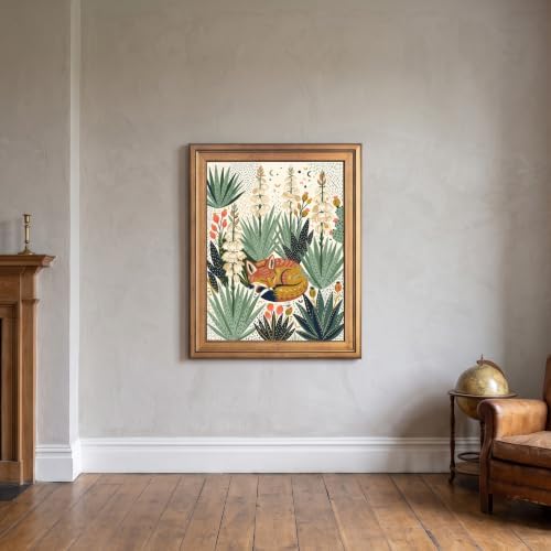 Framed Canvas Wall Art Bohemian Gouache Desert Foxes in Yucca Floral Pink and Yellow Canvas Print Poster Gold Frame Wall Decor for Living Room Southwestern Decor, Animal Art - Inch 16x20 - Image 7