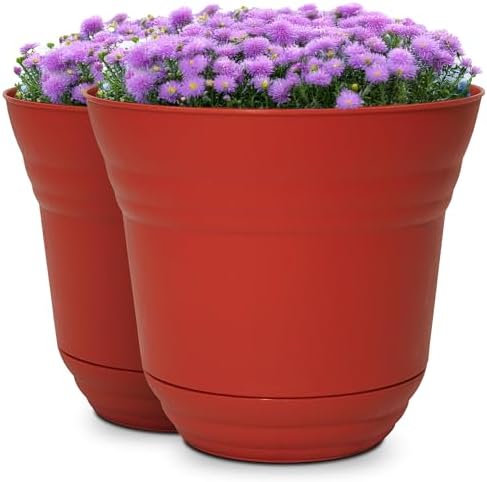 Headwind Traverse Planters – 10" 2 Pack Plastic Plant Pot in Brick Red - Indoor & Outdoor Pots for Plants with Drainage - Decorative Plant Pot, Flower Pots Outdoor for Garden by Robert Allen by Headwind