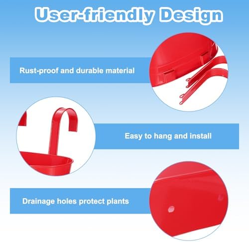 uxcell Rail Planter for Outdoor Plants, 4 Pcs 11" Iron Wall Hanging Planters Fence Railing Balcony Planters with Drainage Holes and Detachable Hooks, Red - Image 4