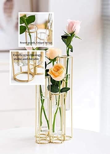 Gold Vases for Centerpieces, Test Tube Flower Vase with 5 Test Tubes, Gold Flower Vase with Metal Stand Racks Hydroponic, Glass Hinged Propagation Plant Vase for Wedding Table Home Decor - Image 3