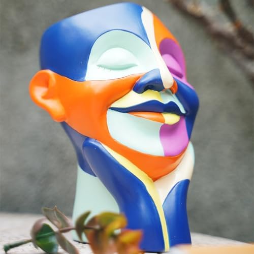 Rainbow Face Planters Pots Head, Funny Body Plant Pots for Decor, Resin Decorative Artistic Head Flower Pot, Hand Painted Planters Boho Eclectic Art for Indoor Outdoor, Plant Lover Gifts (Blue&Orange) - Image 4