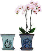Ceramic Orchid Pots with Holes attached Saucers 4.8 Inches - Set of 2 Small Square Orchid Pots for Repotting, Decorative Ceramic Orchid Planter with Hole for Healthy Root Growth Blue and Green by NiSevenLiving