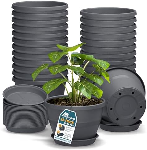 10-Inch Whiskey Barrel Planters Outdoor Pack of 25 - Durable Plastic Plant Pots for Indoor & Outdoor Use with Drainage & Saucer, Lightweight Rustic Barrel Planters for Flowers, Herbs & Small Plants by LIFEMASTER