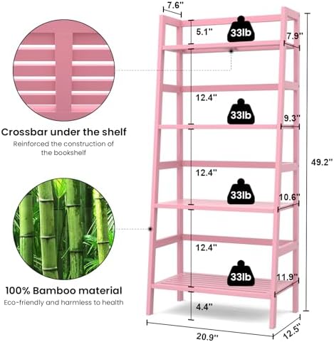 Homykic Pink Ladder Shelf, 4-Tier Bamboo Bookshelf & Bookcase Organizer - Image 3