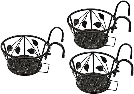 Iron Art Metal Railing Flower Pot Hanging Basket for Indoor Pot Holder Hanger 3 Pack Outdoor Plants Perfect for Porches and Patio Decor Leaf Pattern (Black) by Unknown