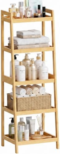 SMIBUY Bamboo Ladder Bookcase, Bathroom Storage Rack Organizer, 4 Tier and 5 Tier Freestanding Plant Display Stand Space Saver Shelves for Bedroom, Kitchen, Balcony (Natural, 5 Tiers (50" H)) by SMIBUY