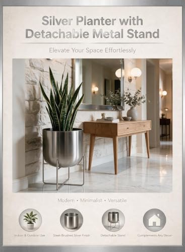 Serene Spaces Living Gold Planter with Detachable Metal Stand, Decorative Indoor Planter Pot, Flower Pots Stand for Living Room, Kitchen, Office, in 3 Sizes (Silver - Wide) - Image 6